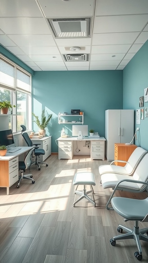 A nurse office with blue walls, comfortable seating, and organized furniture for multifunctional use.