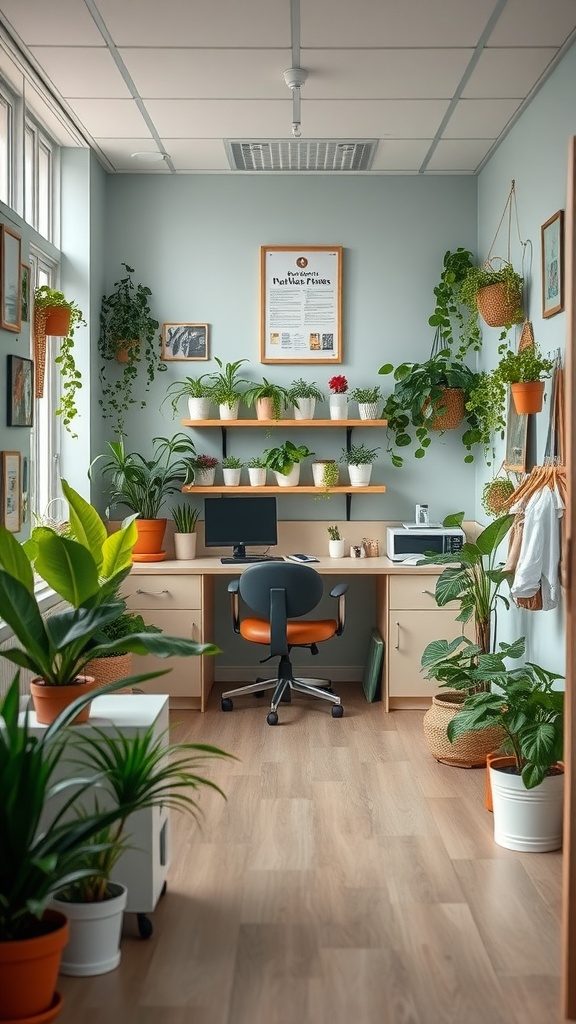 A serene nurse's office with plants, a desk, and a comfortable chair, featuring nature-inspired decor.