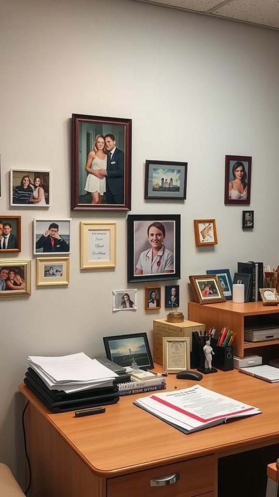 A nurse's office wall with framed photos of family and friends, creating a warm and inviting atmosphere.