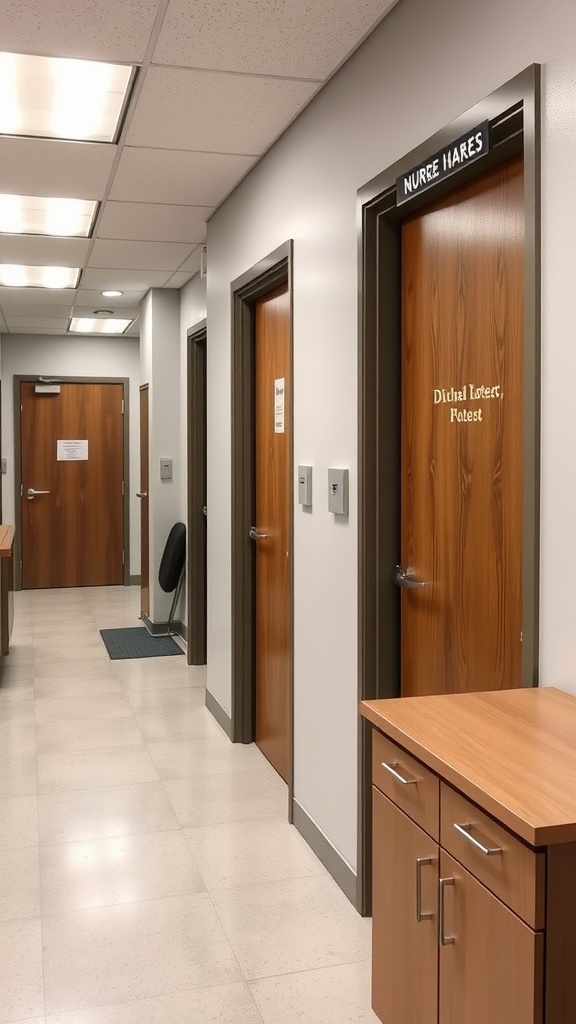 A hallway with clearly labeled wooden doors for nurse offices.