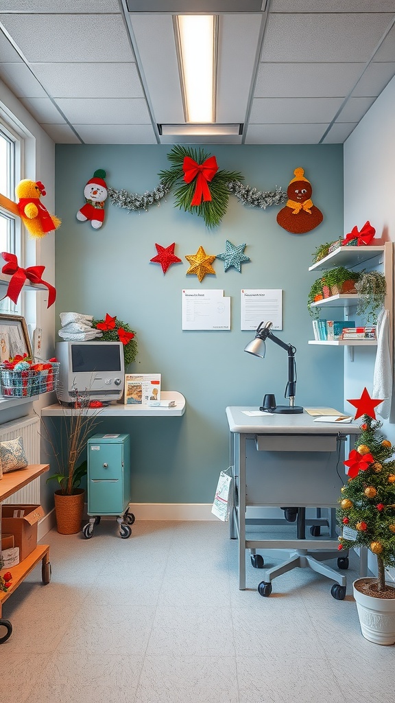 A nurse's office decorated for the holiday season with bright colors, a small Christmas tree, and themed decorations.