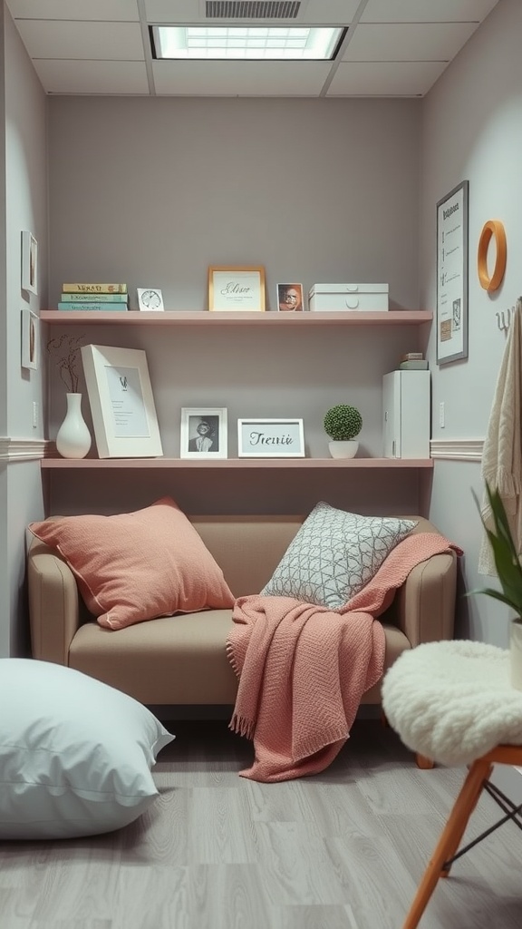 Cozy nurse office corner with a sofa, pillows, and throw blanket.