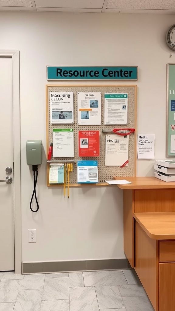 Wall-mounted resource center displaying various informational flyers and a phone.