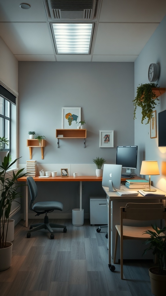 A cozy nurse's office with warm lighting, plants, and a tidy desk setup.