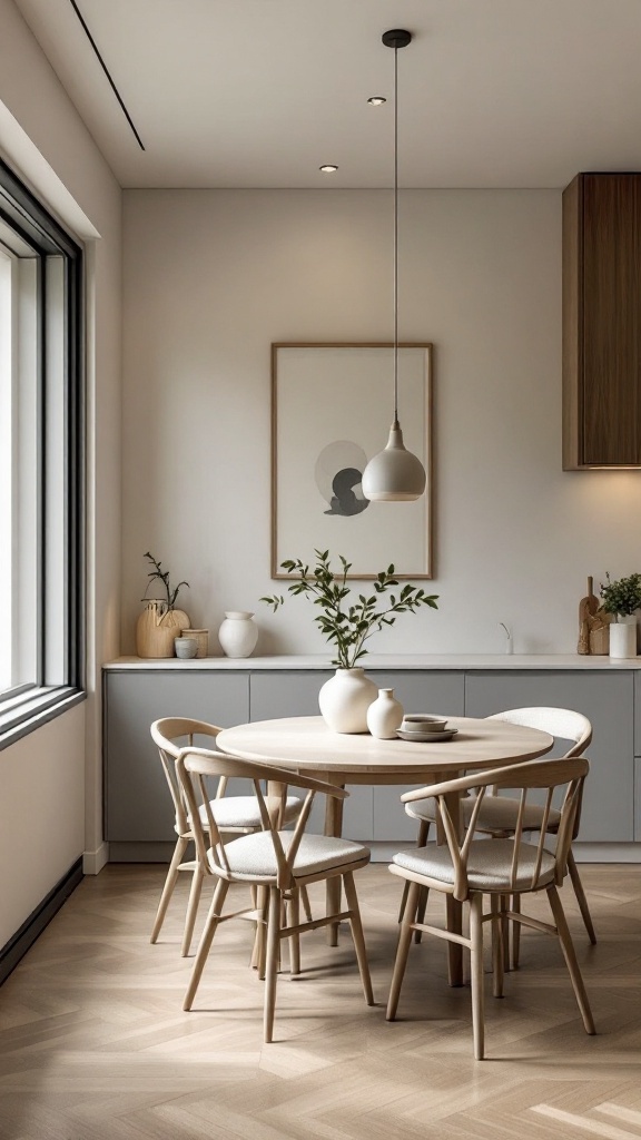 A Japandi styled dining space featuring a round wooden table, light-colored chairs, and minimalist decor with plants.