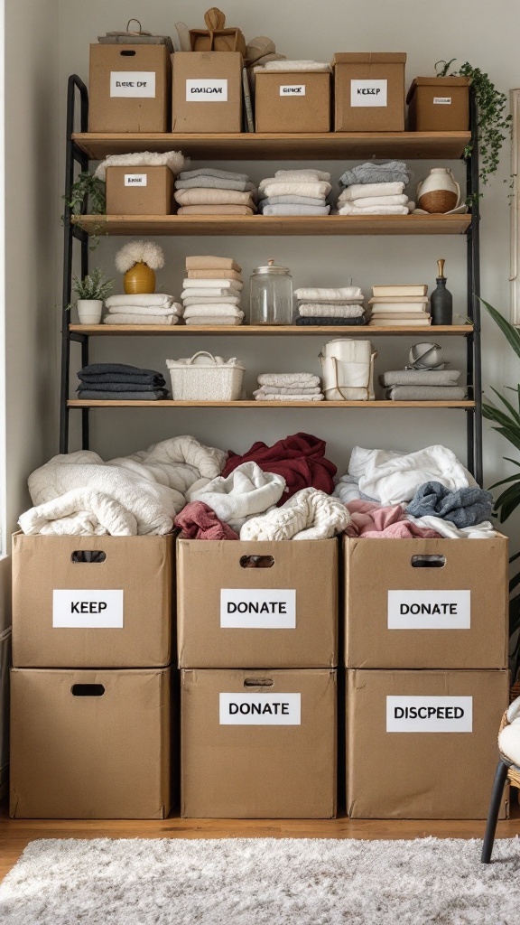 An organized decluttering setup with labeled boxes for 'Keep,' 'Donate,' and 'Discpeed' alongside neatly arranged towels on shelves.