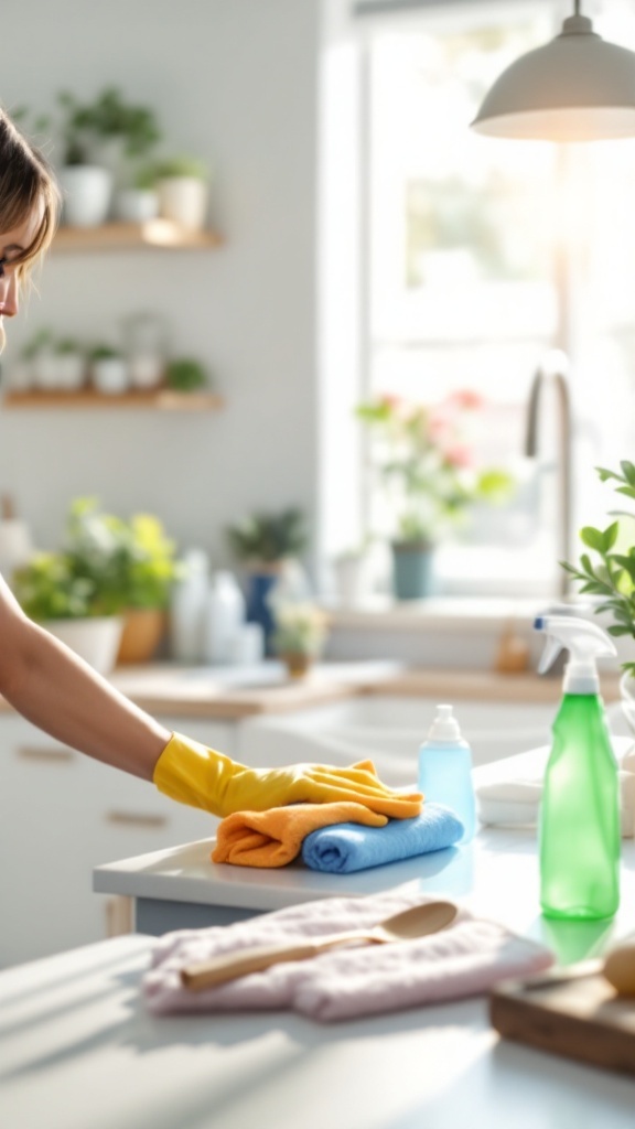 A person cleaning kitchen surfaces with colorful cloths and cleaning supplies