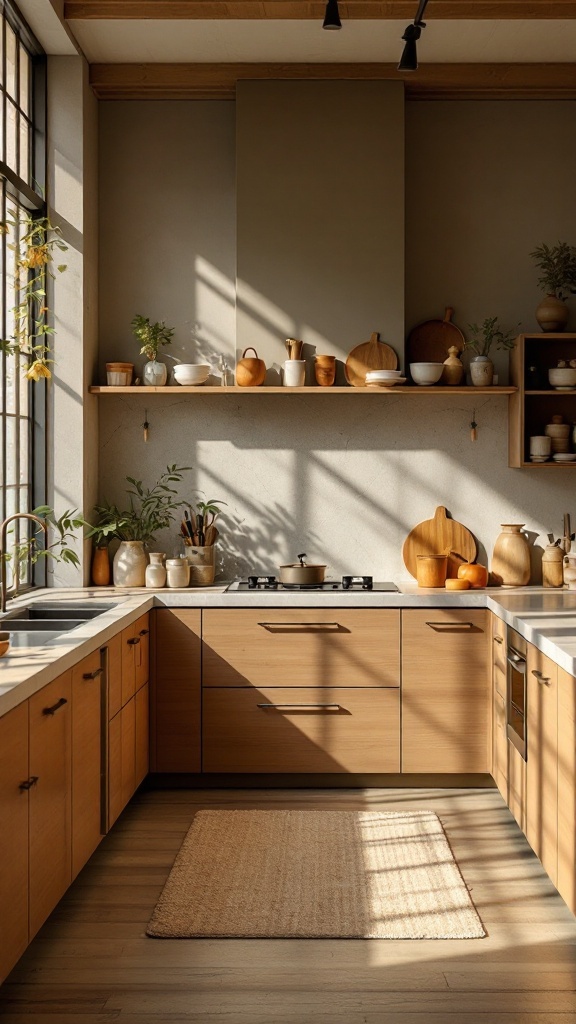 Japandi kitchen featuring earthy color palette with wood cabinetry and natural decor