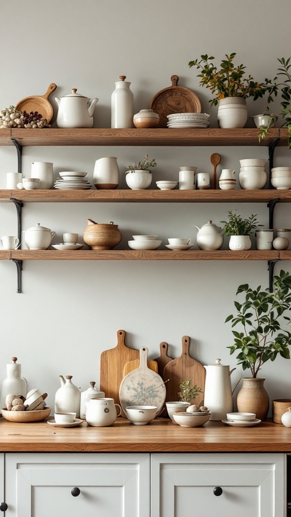 A functional open shelving display in a Japandi-style kitchen featuring wooden shelves with white ceramic dishes and greenery.