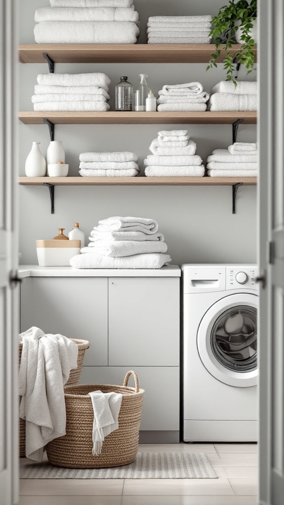 A well-organized laundry room featuring neatly stacked towels on shelves, a washing machine, and woven baskets.