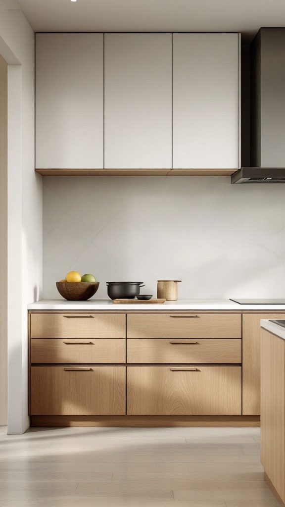 A minimalist kitchen with wooden base cabinets and white upper cabinets, featuring a bowl of fruits and kitchen utensils.