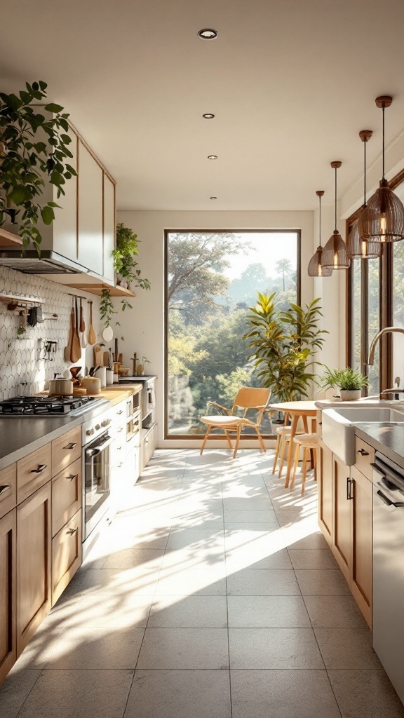 A sunny Japandi kitchen with large windows, wooden cabinetry, and plants.