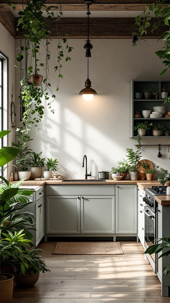 A nature-inspired Japandi kitchen featuring plants, light cabinetry, and wooden countertops.