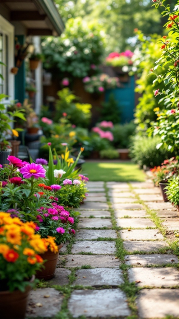 A vibrant garden path lined with colorful flowers and greenery, inviting outdoor enjoyment.