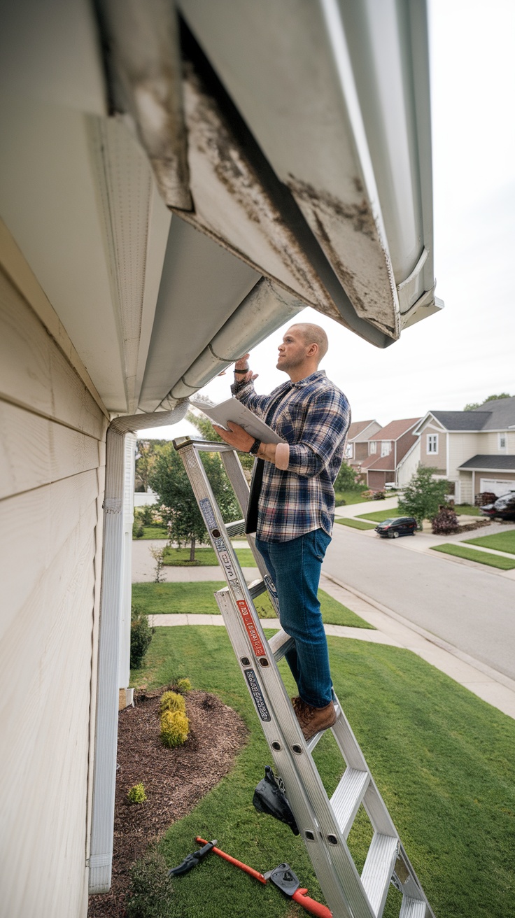 A professional standing with tools and a checklist outside a house, preparing for seasonal maintenance.