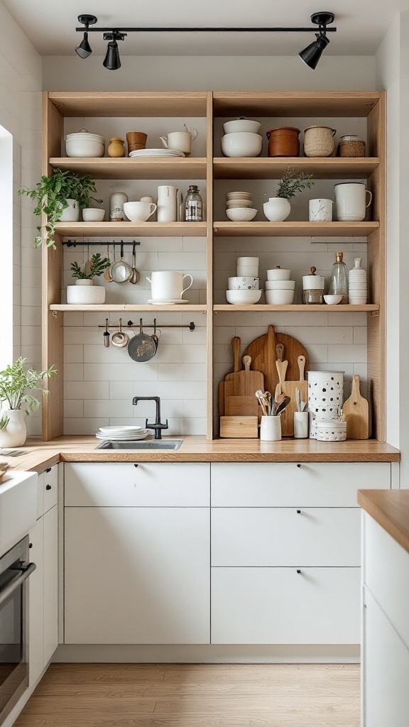 A Japandi kitchen with open wooden shelves displaying various kitchenware and plants.