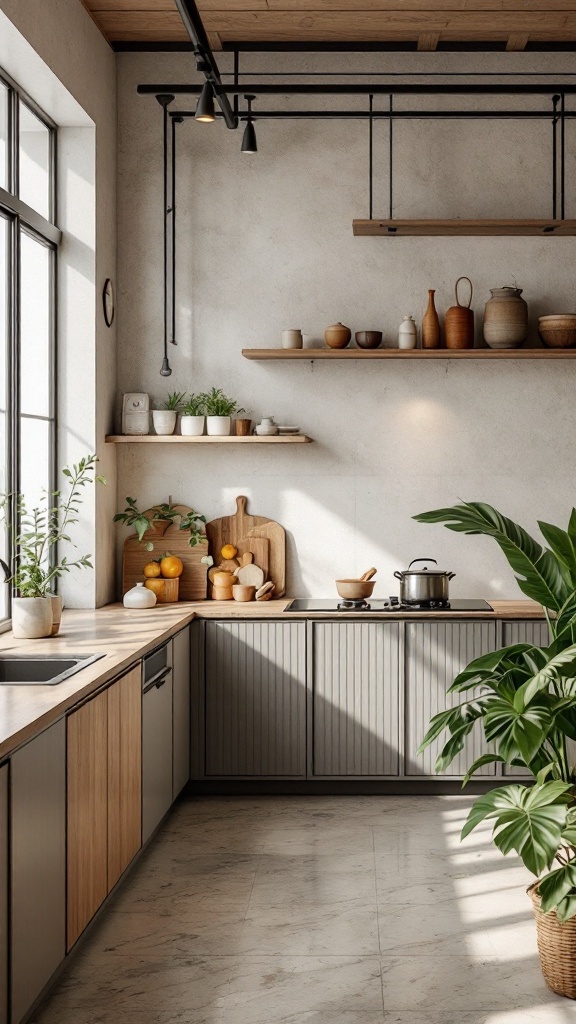 A modern Japandi kitchen featuring wooden accents and plants, highlighting sustainable design.