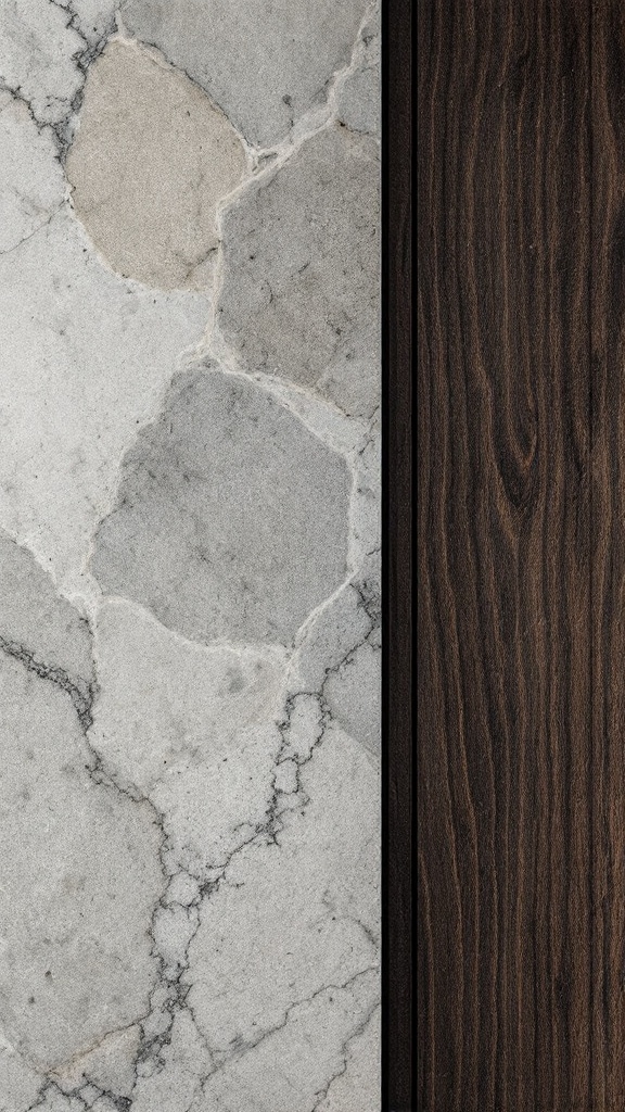 A close-up of textured surfaces, featuring marble and dark wood.