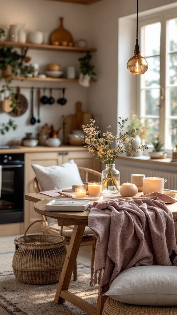 Cozy Japandi kitchen with warm textiles and soft accents