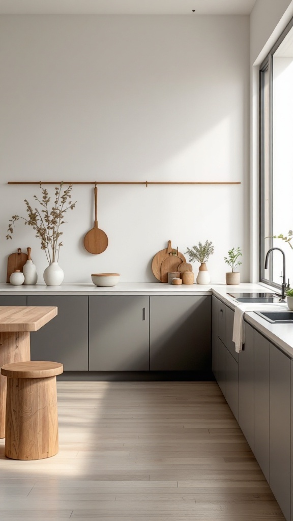 A minimalist kitchen with wooden accents and plants, showcasing Japandi style.