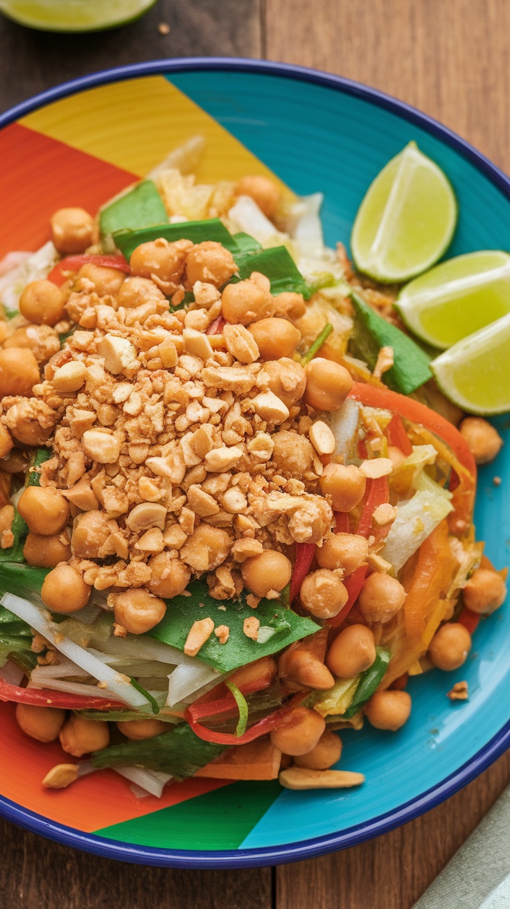 A colorful bowl of Chickpea Pad Thai with chickpeas, vegetables, and crushed peanuts.