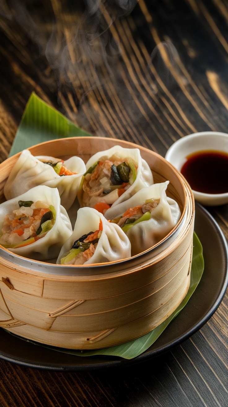 Chinese vegetable dumplings in a bamboo steamer with dipping sauce