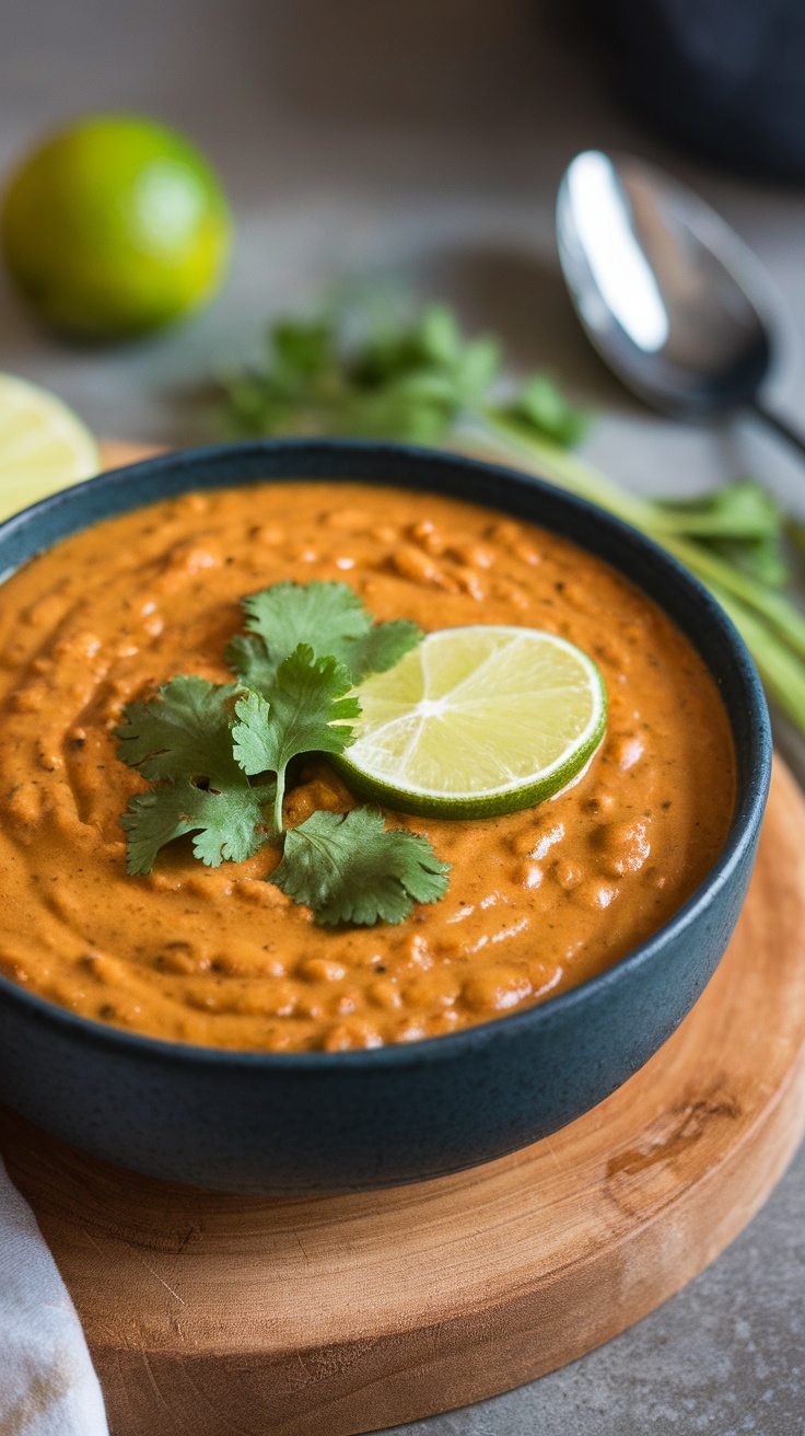 A bowl of coconut curry lentil soup garnished with a lime slice and cilantro on a wooden base.