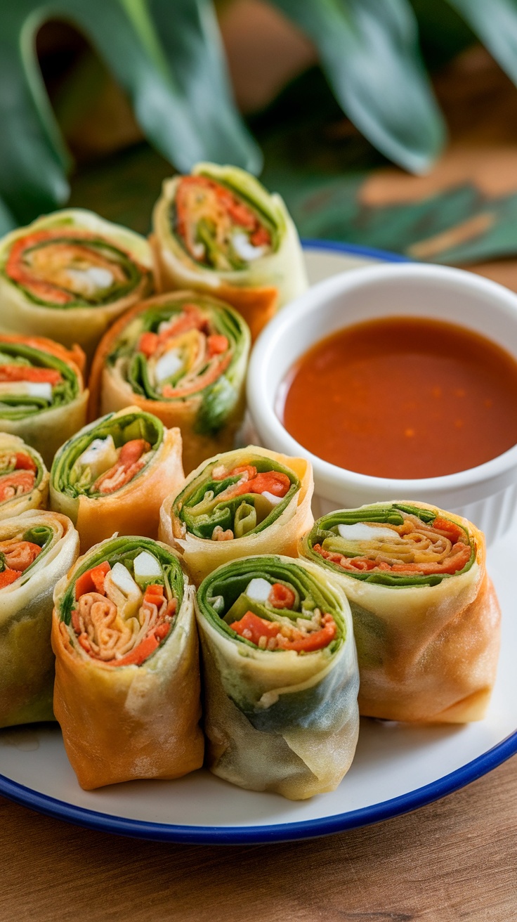 A plate of crispy vegan spring rolls served with a dipping sauce.