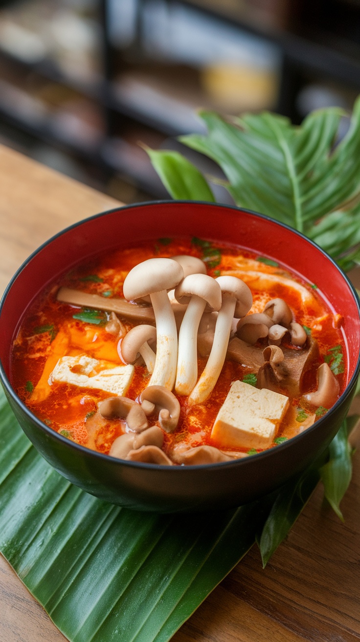 A bowl of hot and sour soup with mushrooms and tofu.