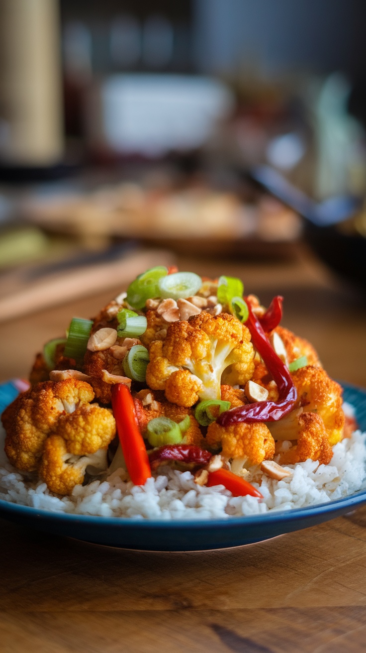 Plate of Kung Pao Cauliflower on rice, garnished with green onions and dried red chili peppers.