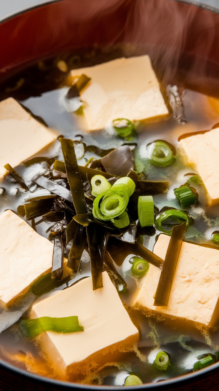 A bowl of miso soup with tofu and seaweed, garnished with green onions.