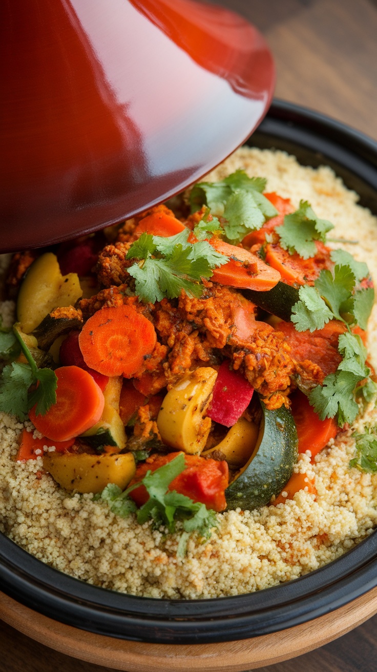A vibrant Moroccan spiced vegetable tagine served with couscous, garnished with fresh herbs.