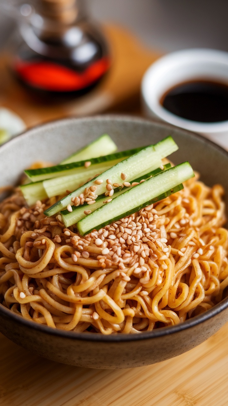 Bowl of sesame noodles topped with cucumber and sesame seeds