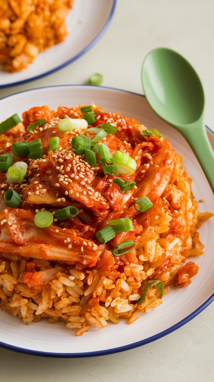 A plate of spicy kimchi fried rice topped with green onions and sesame seeds.