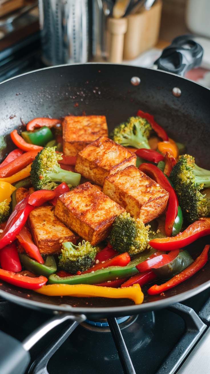 A vibrant stir-fry featuring golden tofu and colorful bell peppers in a frying pan