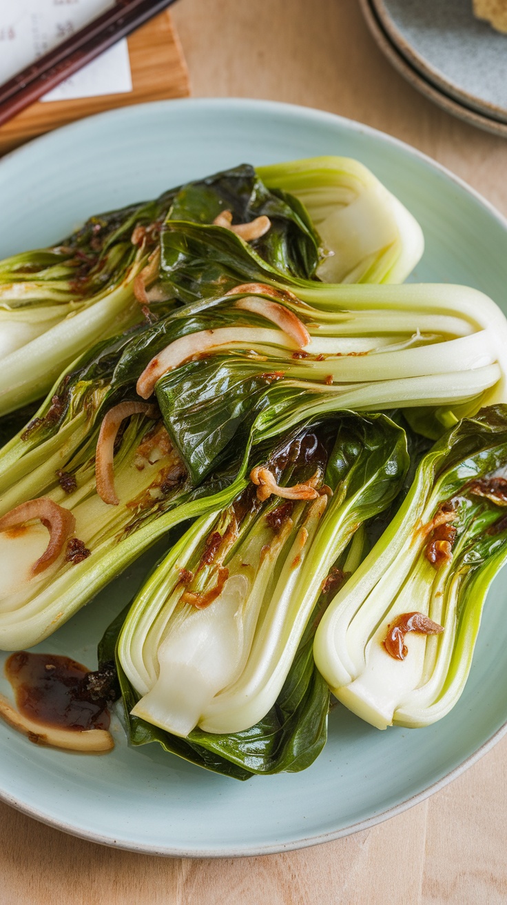 A plate of stir-fried bok choy with garlic, featuring shiny green leaves and slivers of garlic.