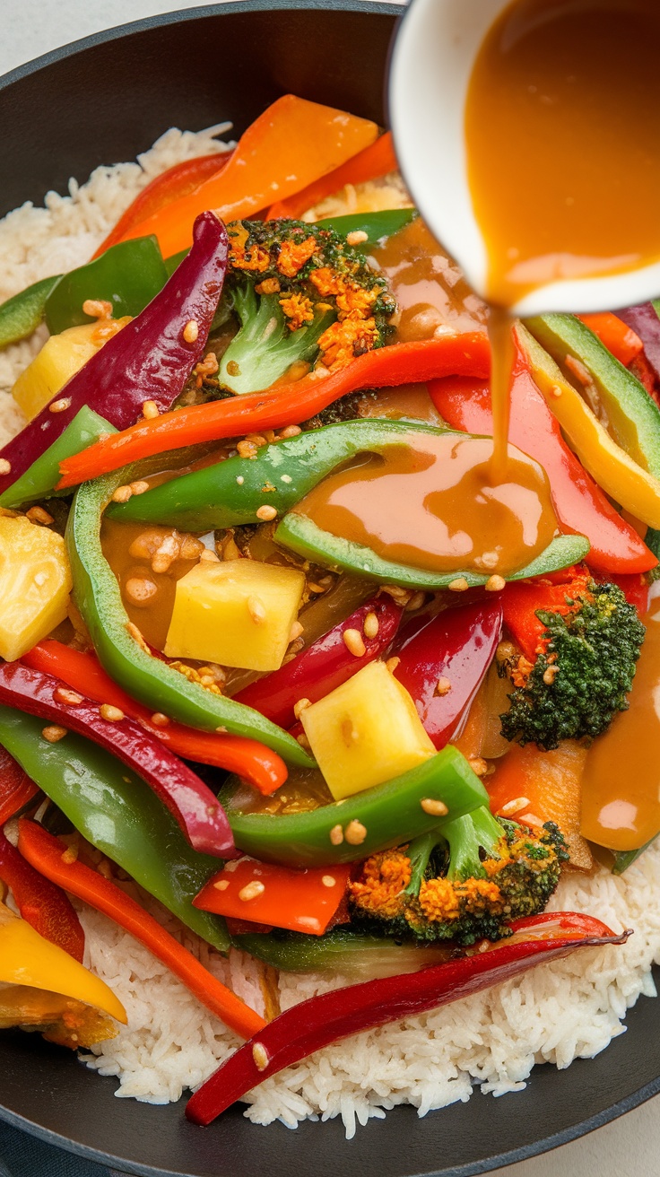 Sweet and sour vegetable stir-fry with colorful bell peppers and broccoli served over rice