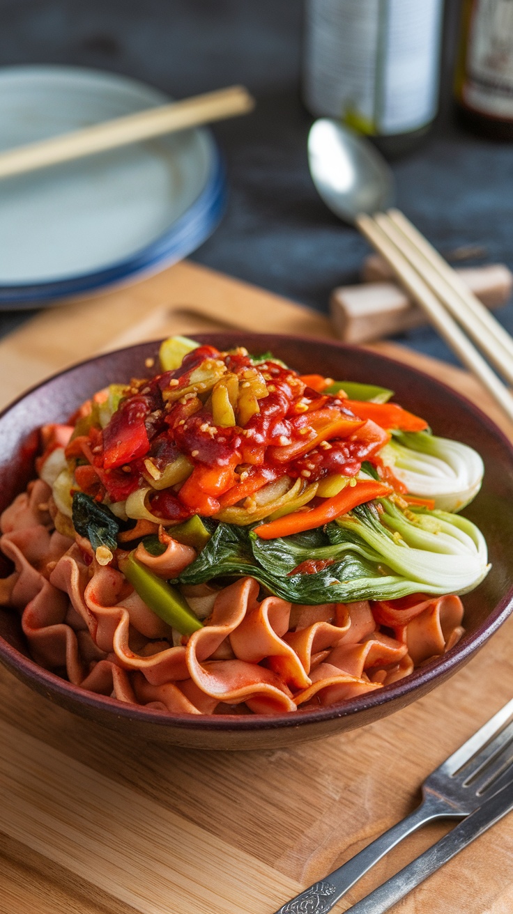 A bowl of Szechuan noodles topped with vegetables and sauce, served with chopsticks.