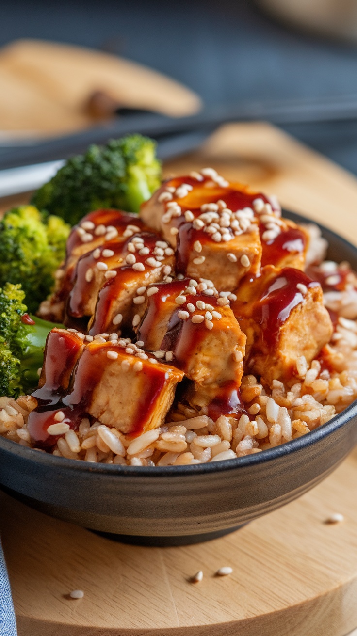 A bowl of teriyaki tempeh with rice and broccoli, topped with sesame seeds.