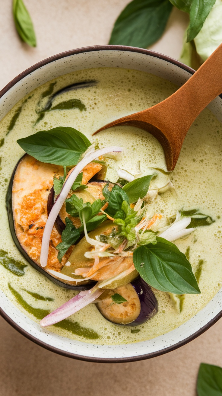 A bowl of Thai green curry featuring eggplant and fresh herbs.