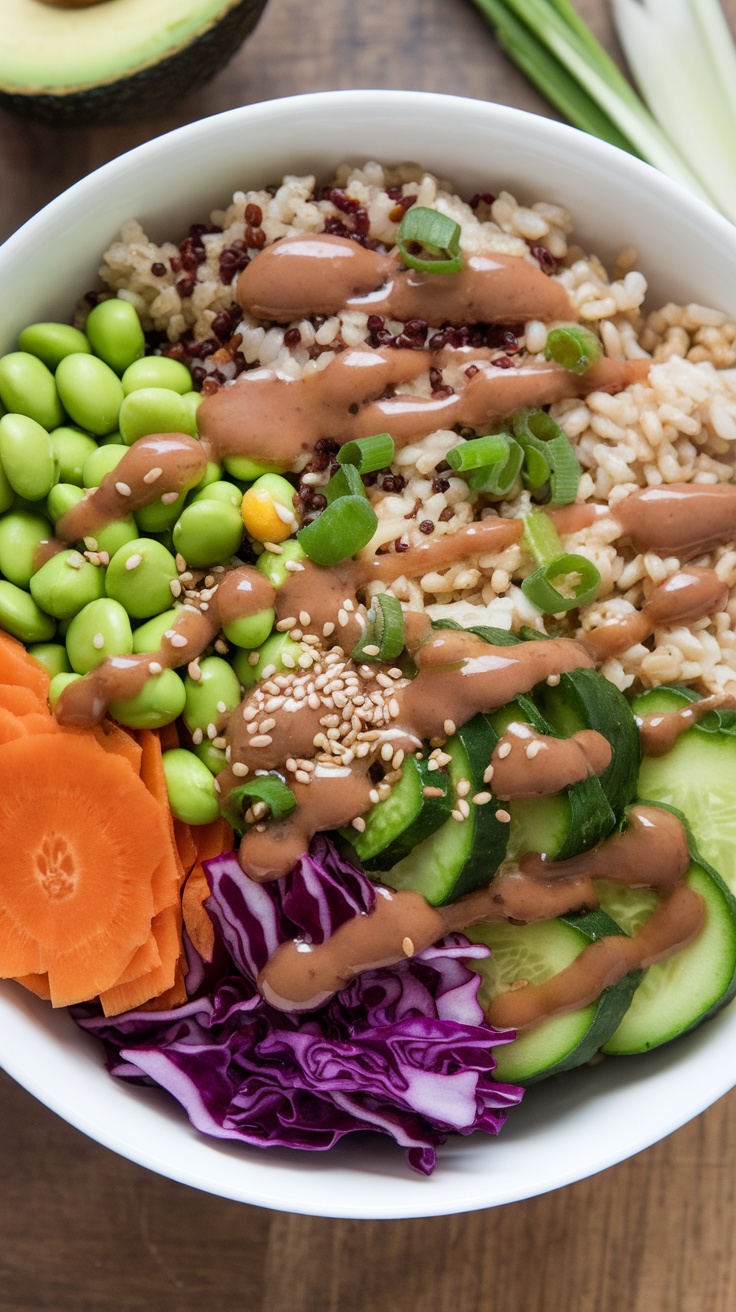 A colorful Vegan Buddha Bowl featuring quinoa, edamame, sliced cucumbers, shredded carrots, and a creamy Asian dressing.