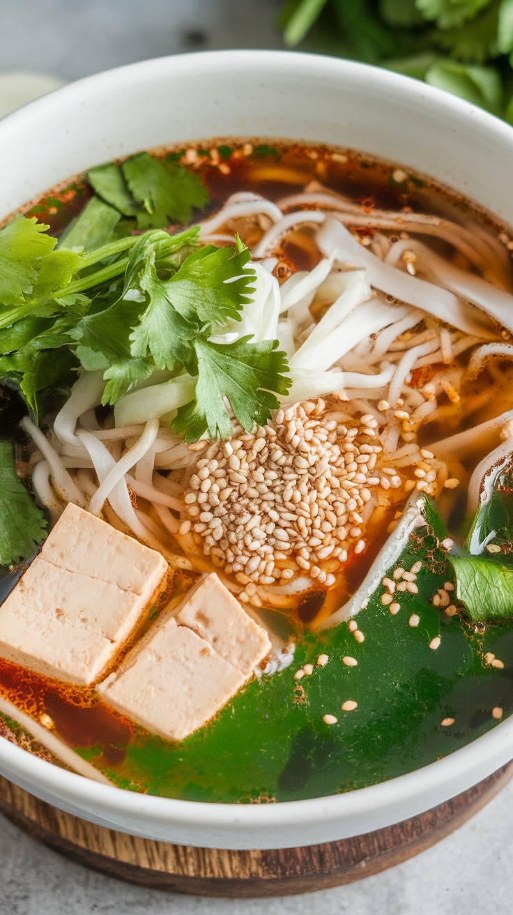 A bowl of vegan pho with tofu, herbs, and rice noodles in a flavorful broth.