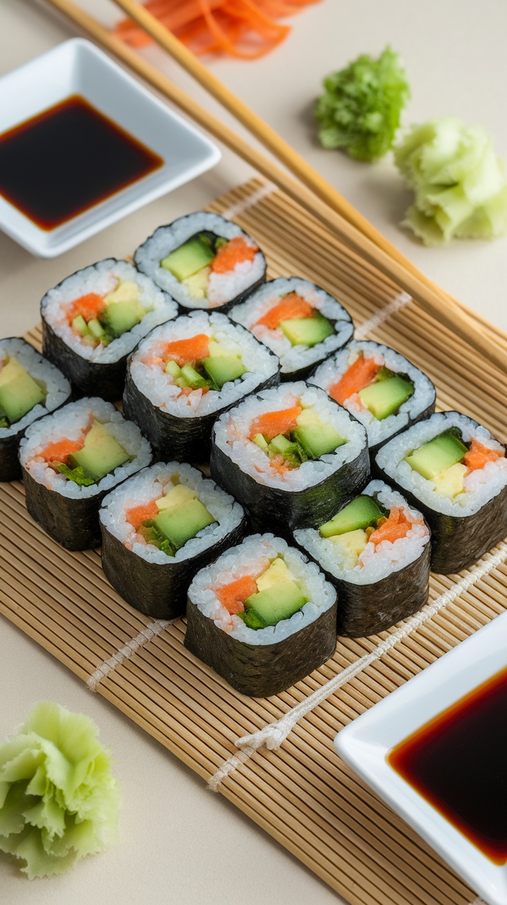 Vegan sushi rolls with avocado and vegetables on a bamboo mat, with soy sauce and garnishes