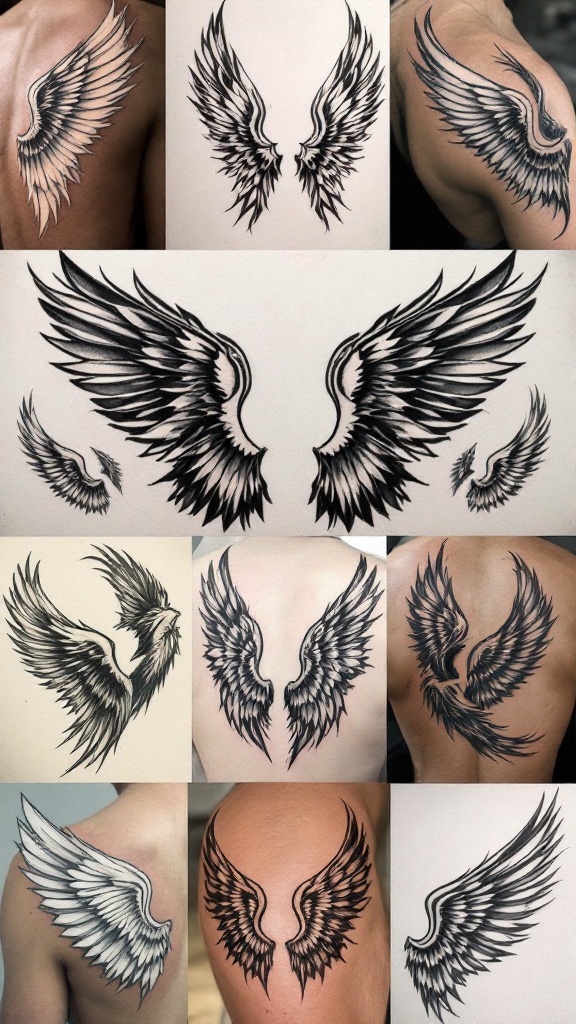 A collage of various angel wings tattoo designs showcasing different styles, sizes, and color variations.