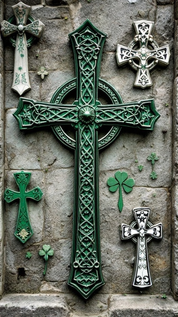 A collection of Celtic crosses in green and white against a stone wall, featuring intricate designs and shamrock motifs.