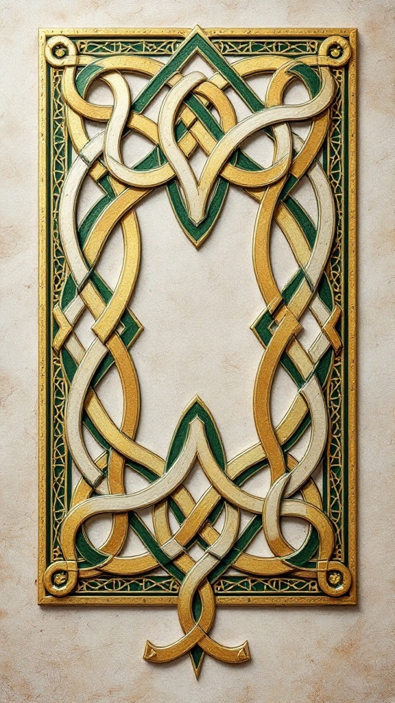 Intricate Celtic knot wall art featuring green and gold colors.