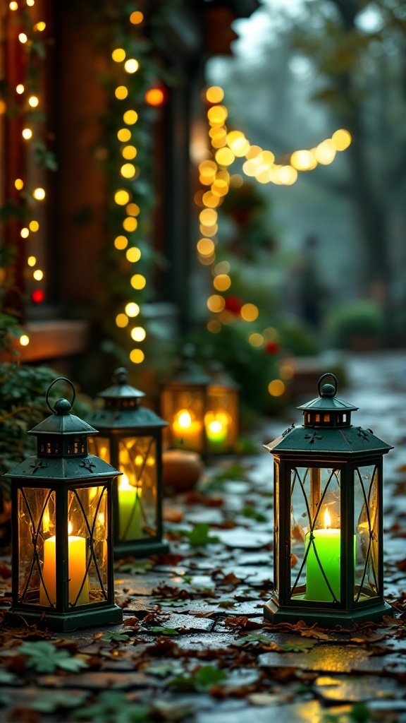 Decorative lanterns glowing along a path with green and yellow candles, surrounded by leaves and twinkling lights.