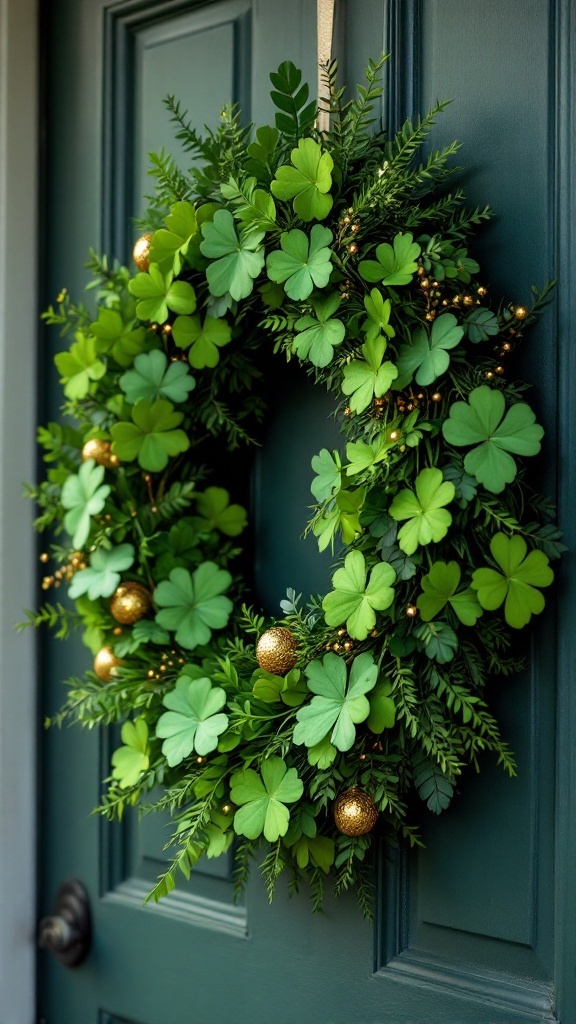 A green shamrock wreath with golden ornaments hanging on a door