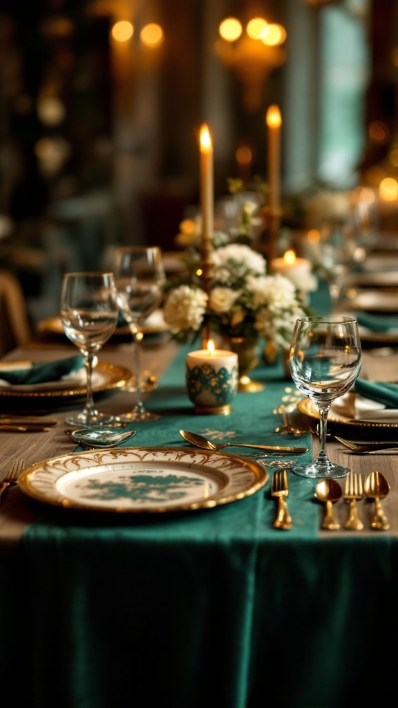 A beautifully set dining table featuring an emerald green table runner, elegant plates, gold cutlery, and candles.