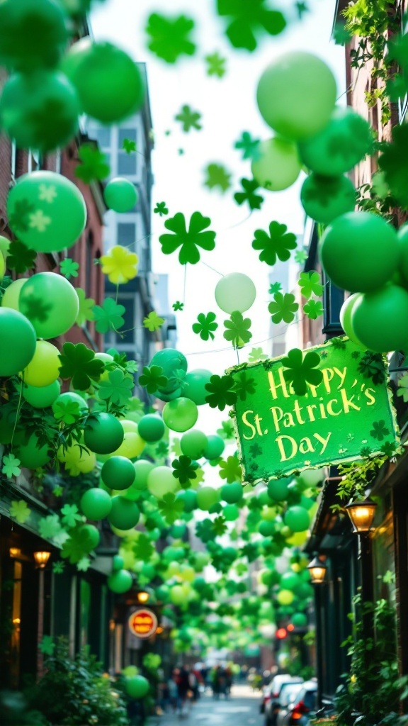 Festively decorated street for St. Patrick's Day with green balloons and a cheerful banner.